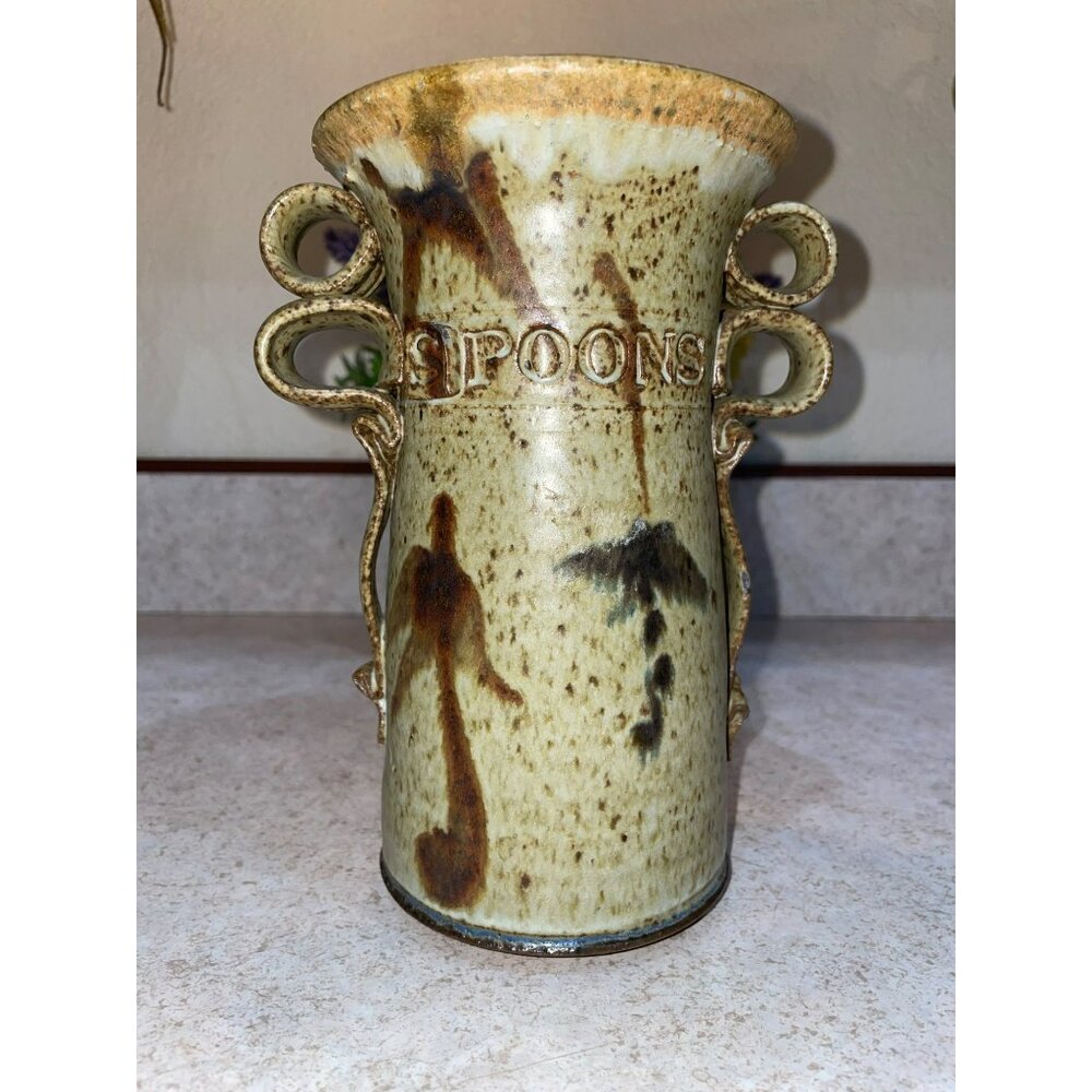 Vintage Ceramic Spoon Holder With Textured Handles & Unique Glaze Finish